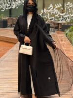 Luxurious black layered wrap abaya made of chiffon and organza. With Tarha