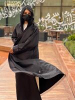 Luxurious black layered wrap abaya made of chiffon and organza. With Tarha