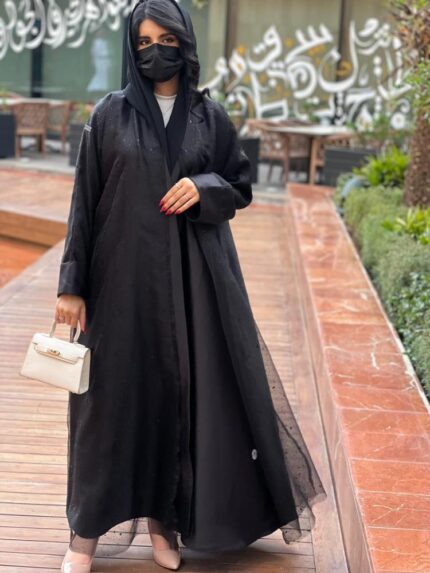 Luxurious black layered wrap abaya made of chiffon and organza. With Tarha